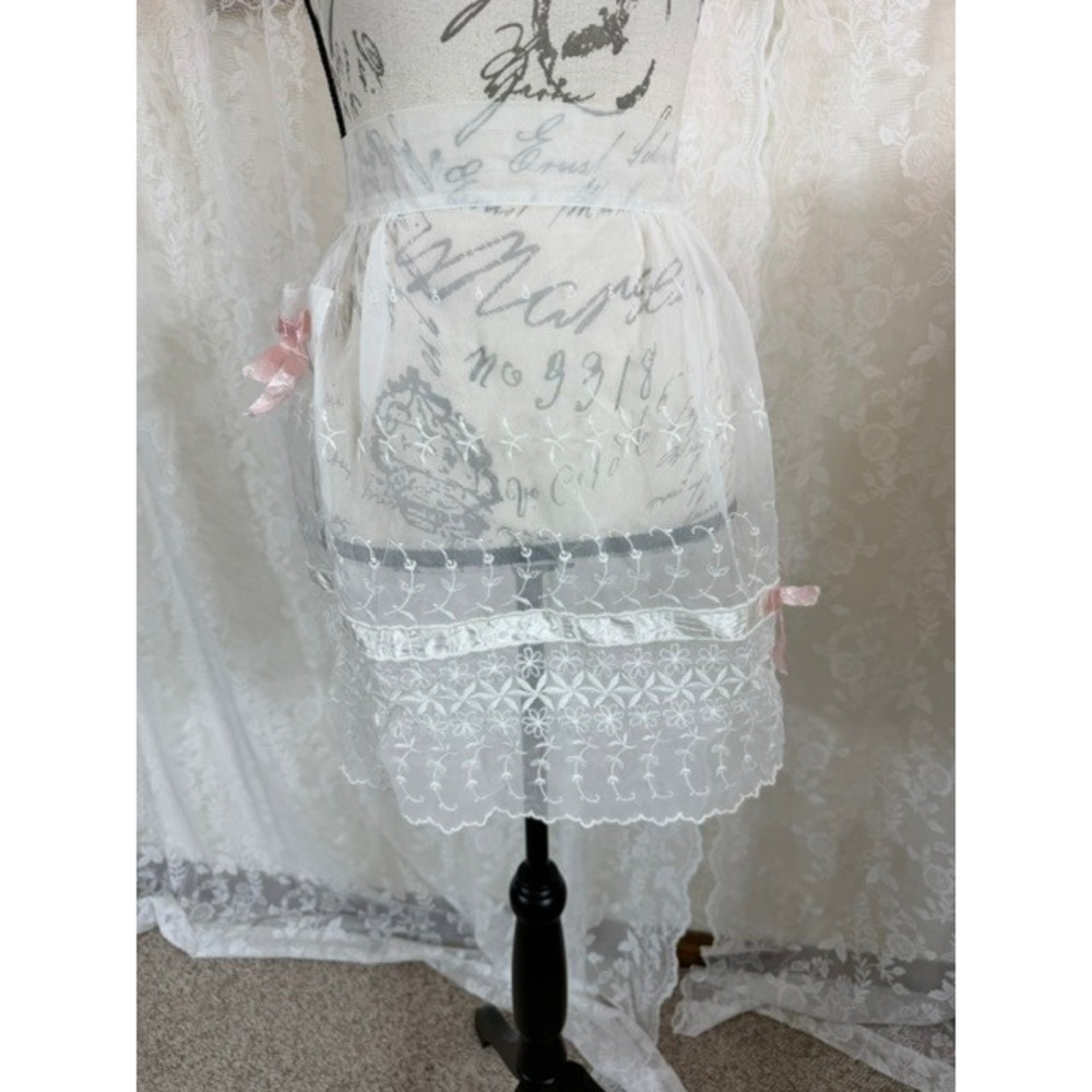 Vintage 50s Sheer White Embroidered Organza Half Apron Pink Bows Scalloped Edge